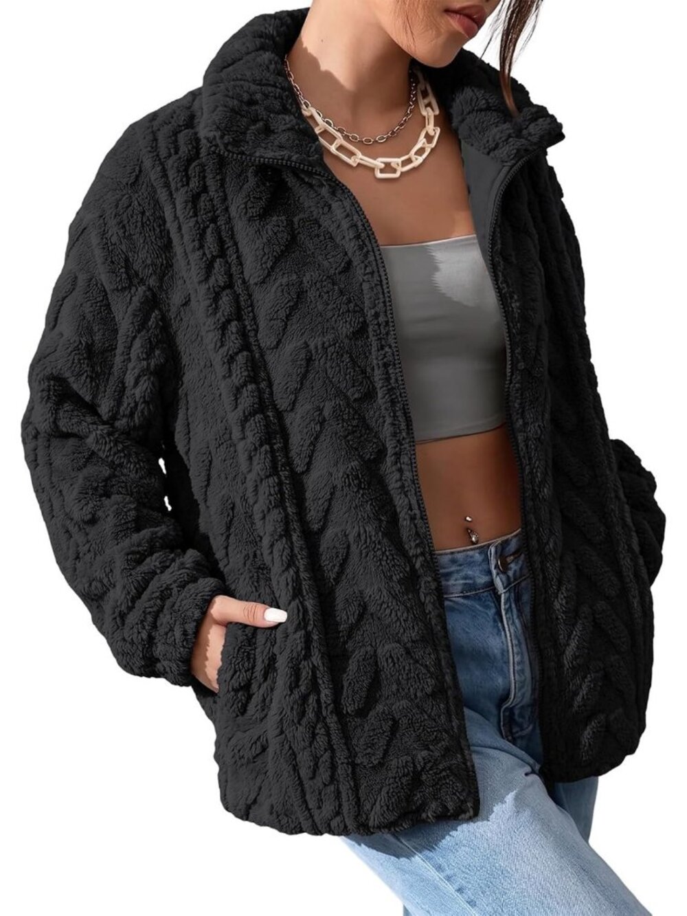Women's Black Zipper Sherpa Fabric Coat Loose Fit Zipper Front Fleece Jacket